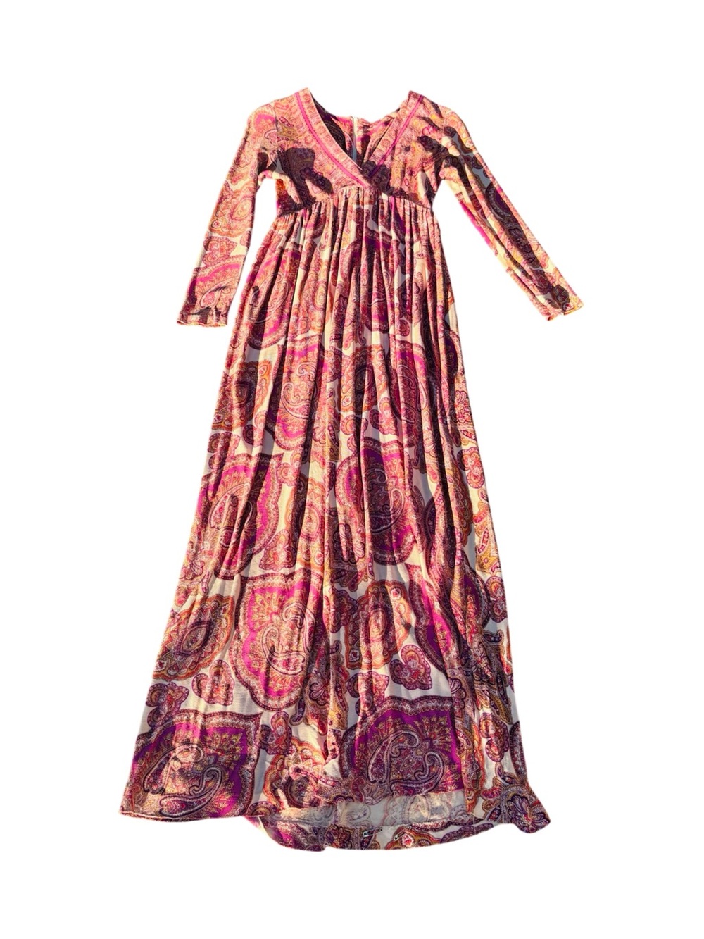 Vintage Long Sleeve Maxi Dress Paisley Pink 70s Bohemian XS